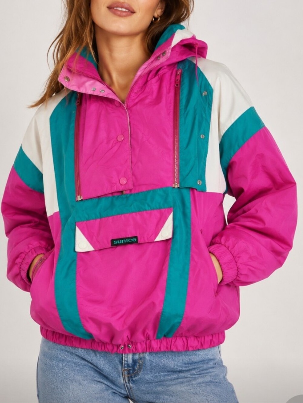 Vintage 90s Sunice Colorblock Ski Jacket Pullover Anorak Pink Teal White